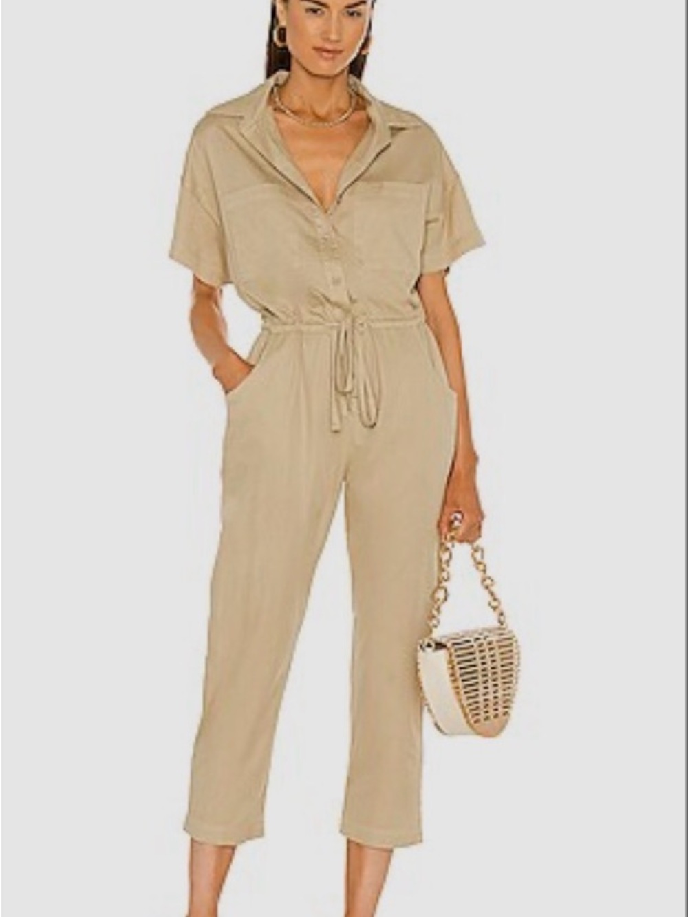 Enza Costa Sand/Tan Short-Sleeve Drawstring Jumpsuit